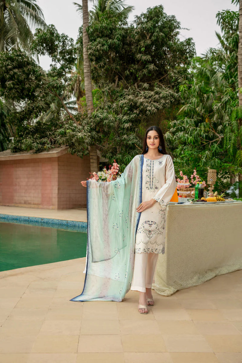 stitched Embroidered Cotton Khaddi Shirt with  Silk Dupatta & Plain Shalwar
