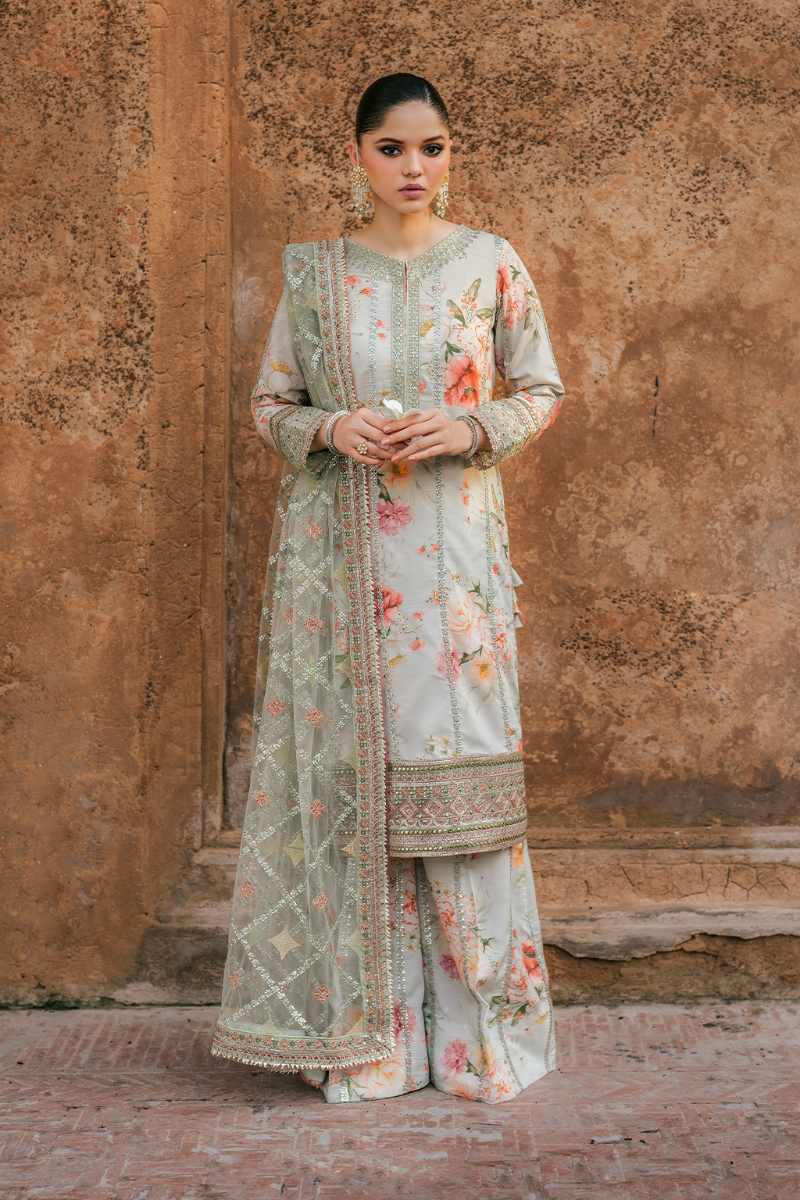 Embroidered Raw Silk 3-Piece Suit with Net Dupatta | Luxury stitched Suit