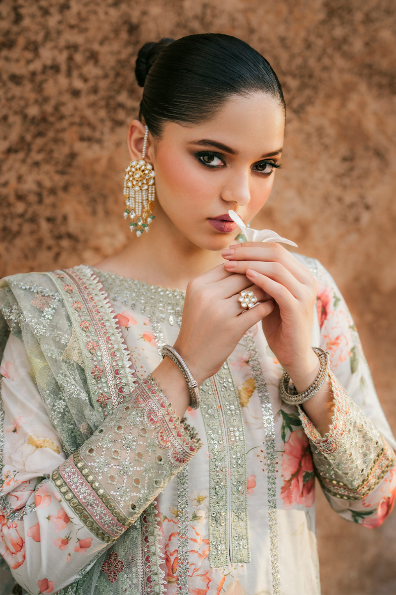 Embroidered Raw Silk 3-Piece Suit with Net Dupatta | Luxury stitched Suit