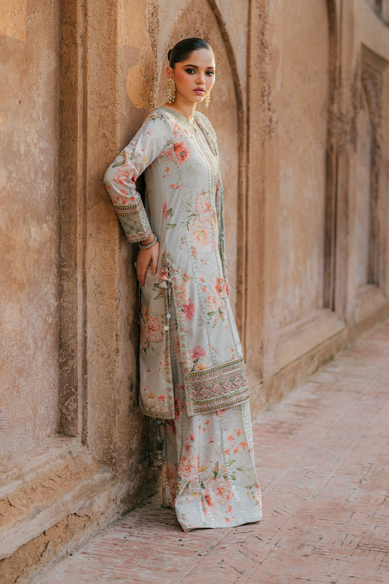 Embroidered Raw Silk 3-Piece Suit with Net Dupatta | Luxury stitched Suit