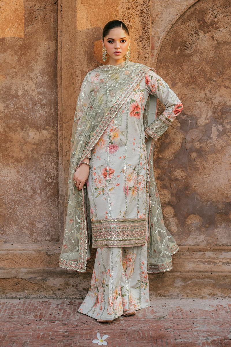 Embroidered Raw Silk 3-Piece Suit with Net Dupatta | Luxury stitched Suit