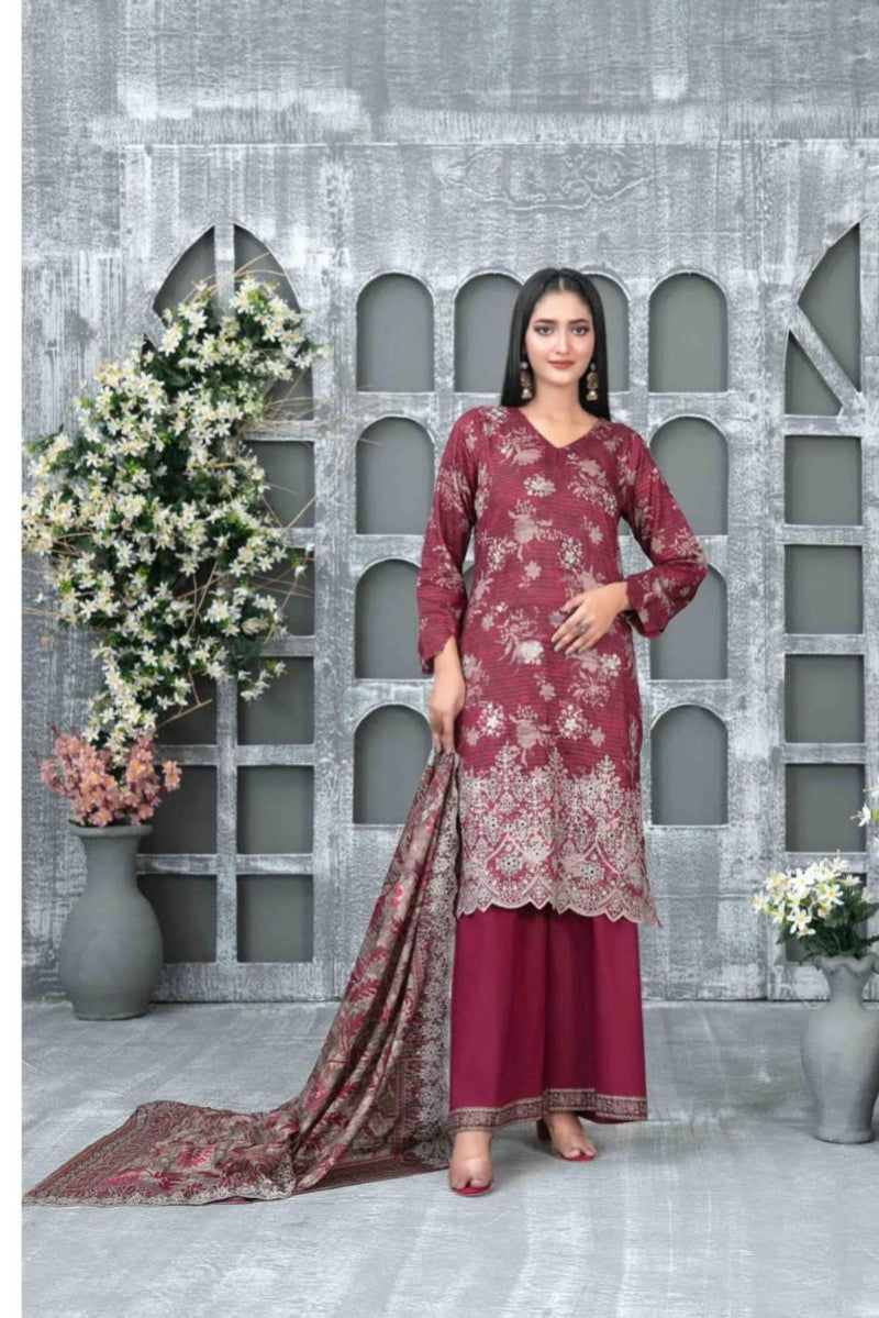 03-Piece Stitched Embroidered Digital Printed Slub Lawn Suit
