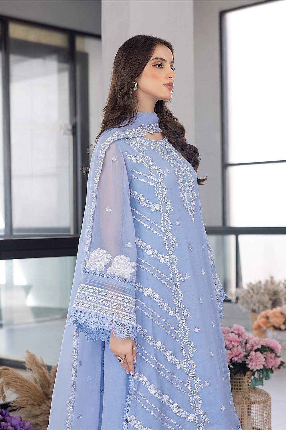 Sky Blue Thread Work Luxury Embroidery Dress 3 Piece