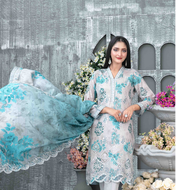 03-Piece Lawn Digital Printed  Embroidered Suit