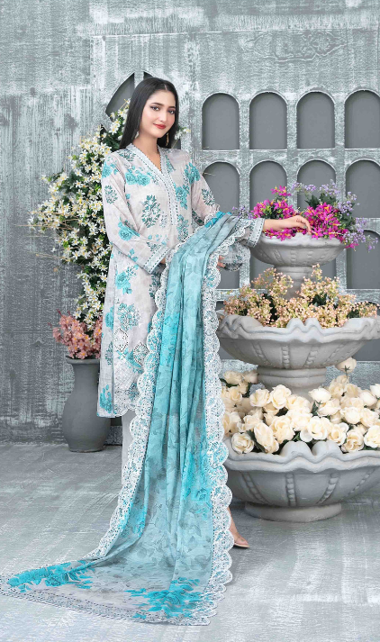 03-Piece Lawn Digital Printed  Embroidered Suit