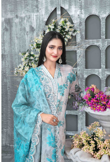 03-Piece Lawn Digital Printed  Embroidered Suit