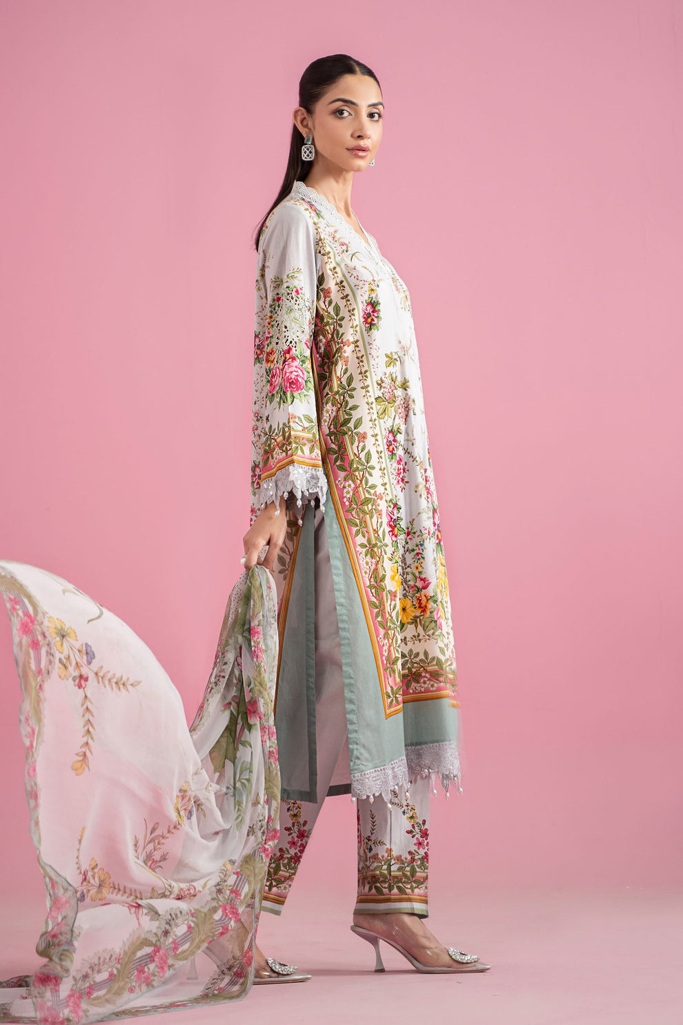 Premium Printed Lawn Suit with Embroidered Patches & Chiffon Dupatta.