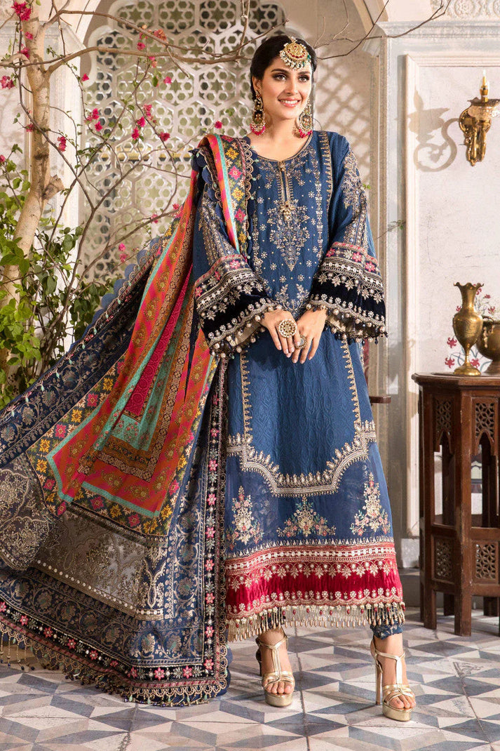 EMBROIDERED MIDNIGHT BLUE PURE CHIFFON 3 PC STITCHED SUIT