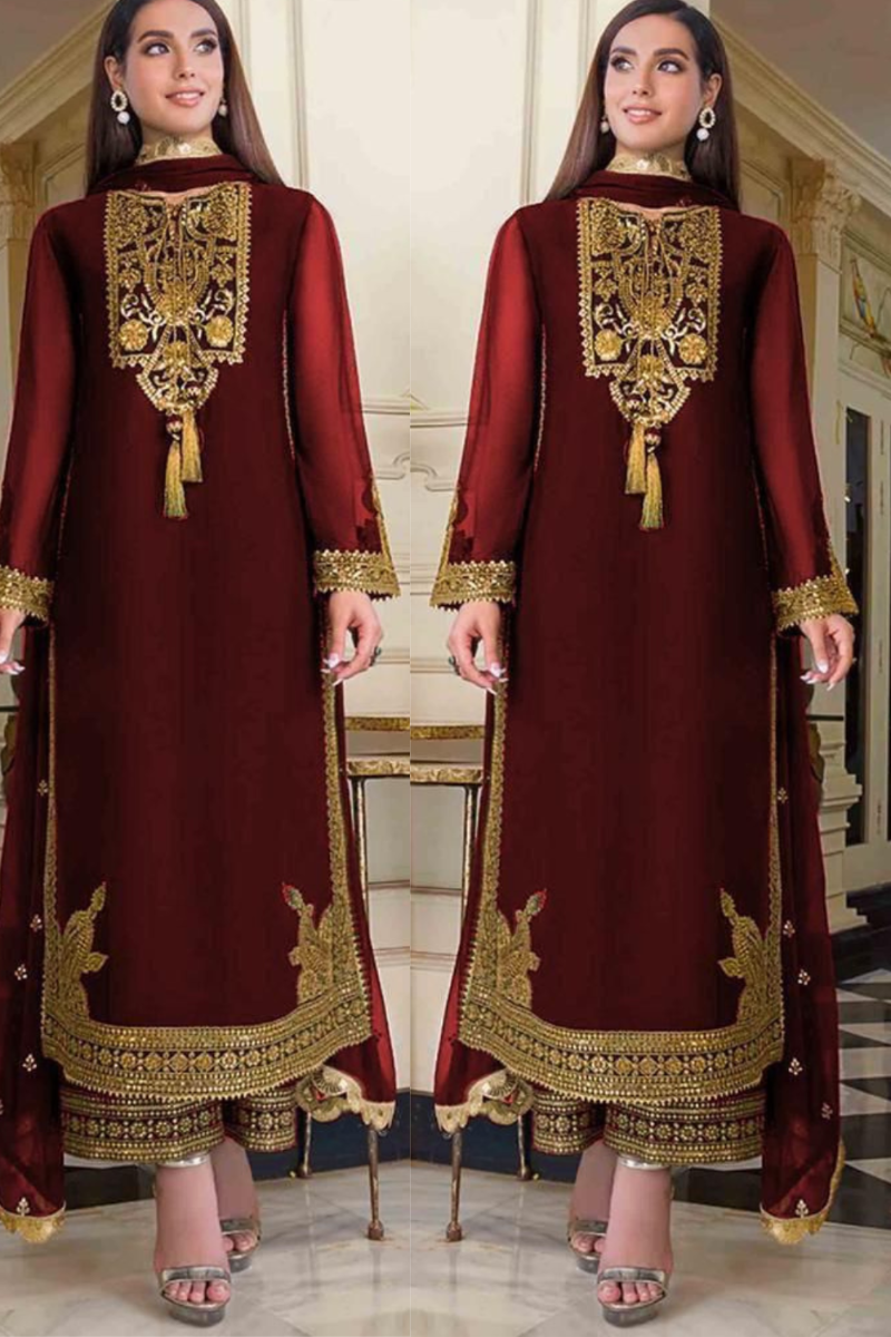 03-PIECE LUXURY CHIFFON EMBROIDERED SUIT