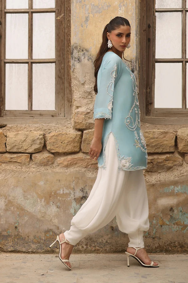 03-Piece Raw Silk Short Kurti Suit With Heavy Embroidery | Ready To Wear