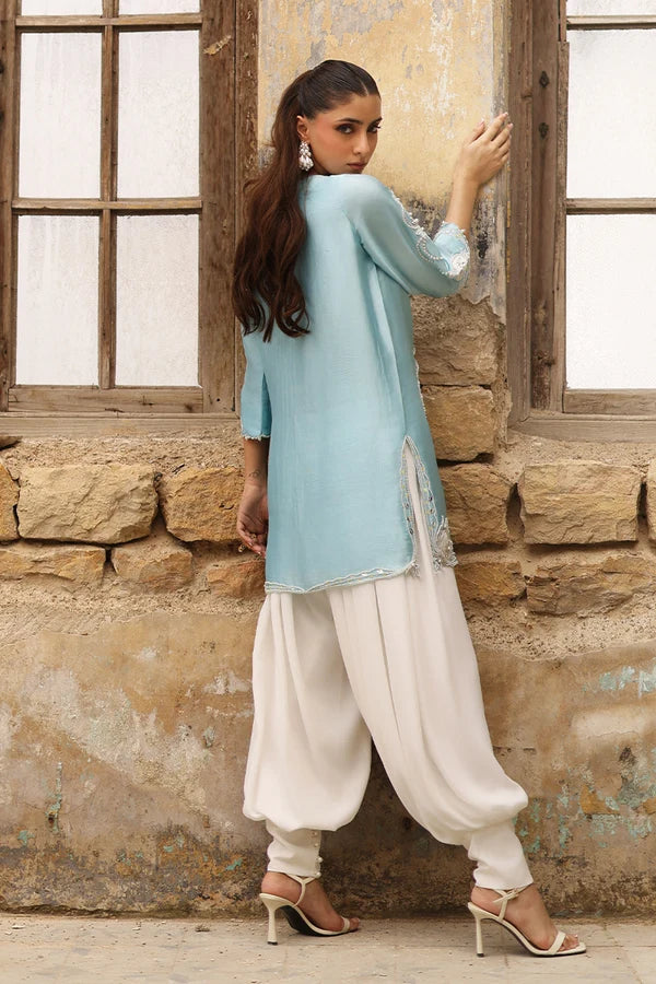 03-Piece Raw Silk Short Kurti Suit With Heavy Embroidery | Ready To Wear