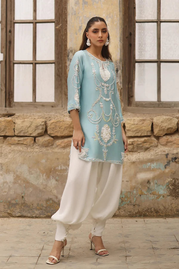 03-Piece Raw Silk Short Kurti Suit With Heavy Embroidery | Ready To Wear