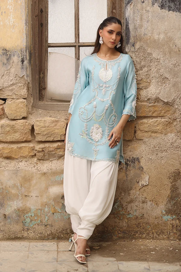 03-Piece Raw Silk Short Kurti Suit With Heavy Embroidery | Ready To Wear