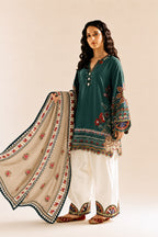 Ethnic Luxury Lawn 2026 – Heavy Embroidered 3-Piece Farshi Trouser Suit with Chiffon Digital Dupatta