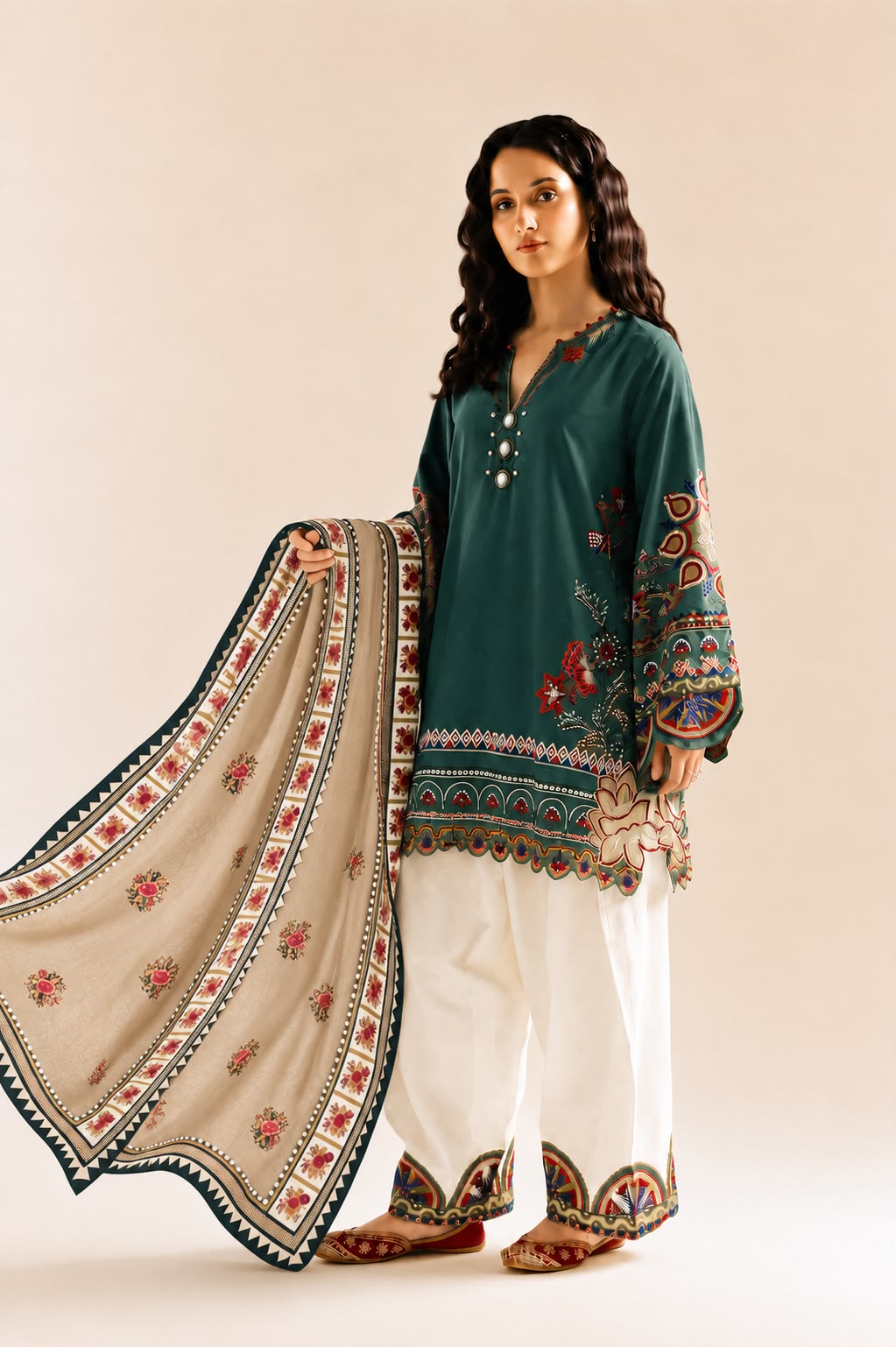 Ethnic Luxury Lawn 2026 – Heavy Embroidered 3-Piece Farshi Trouser Suit with Chiffon Digital Dupatta