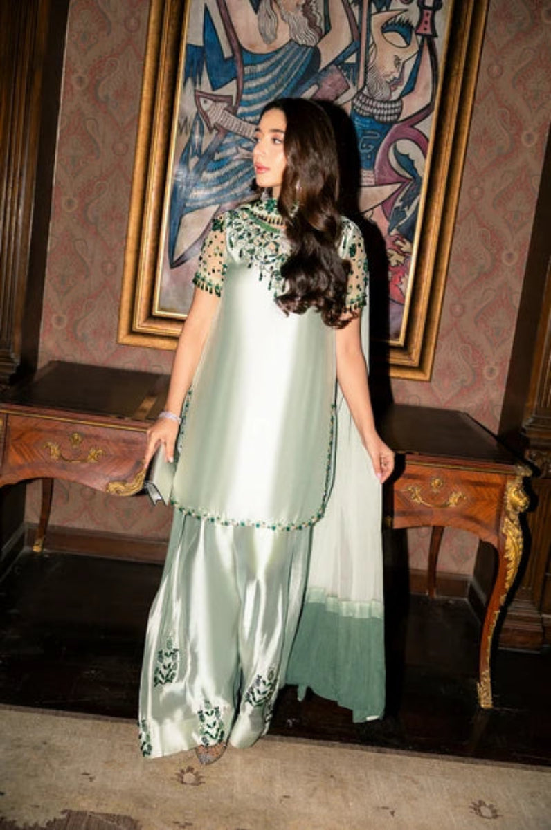 Mint Ice Metallic & Jewel Emerald: Embroidered Silk Suit | Ready To Wear