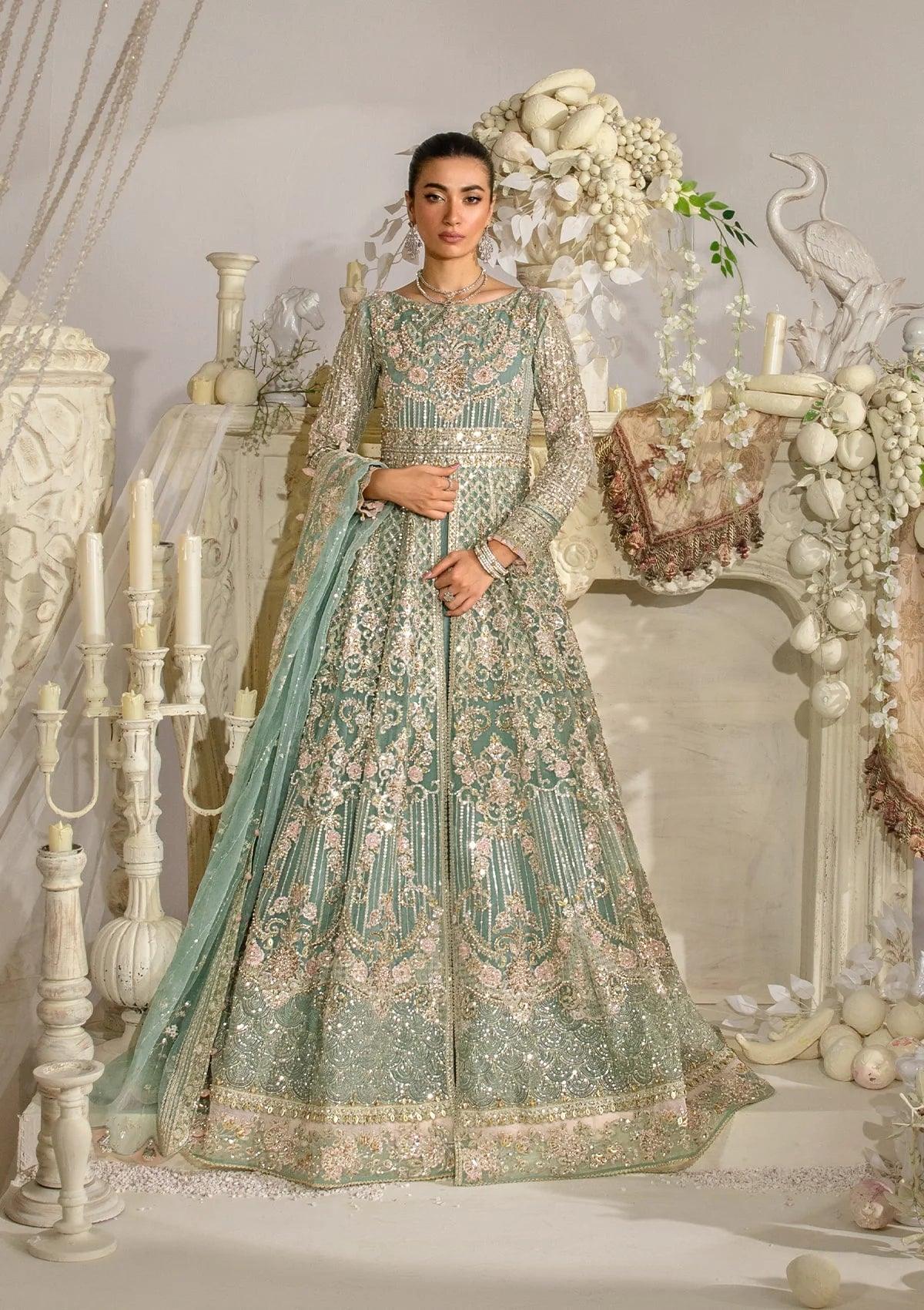 Mint Green & Silver Sequin Net Bridal Maxi With Heavily Embroidery | Ready To Wear