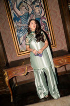 Mint Ice Metallic & Jewel Emerald: Embroidered Silk Suit | Ready To Wear