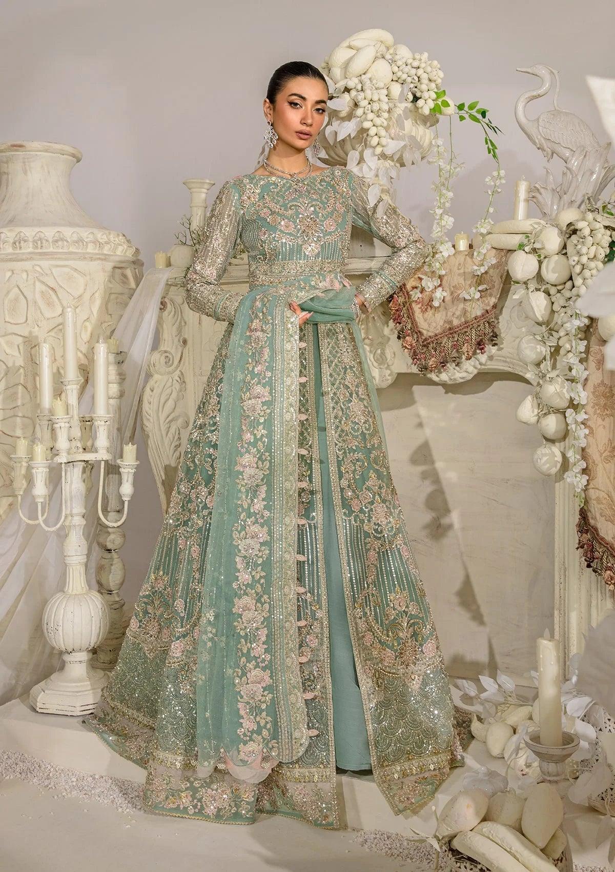 Mint Green & Silver Sequin Net Bridal Maxi With Heavily Embroidery | Ready To Wear