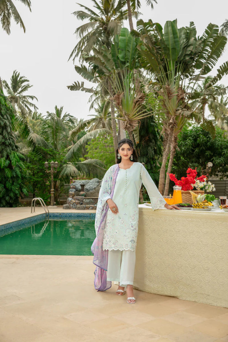 stitched Embroidered Cotton Khaddi Shirt  Silk Dupatta & Plain Staple Shalwar