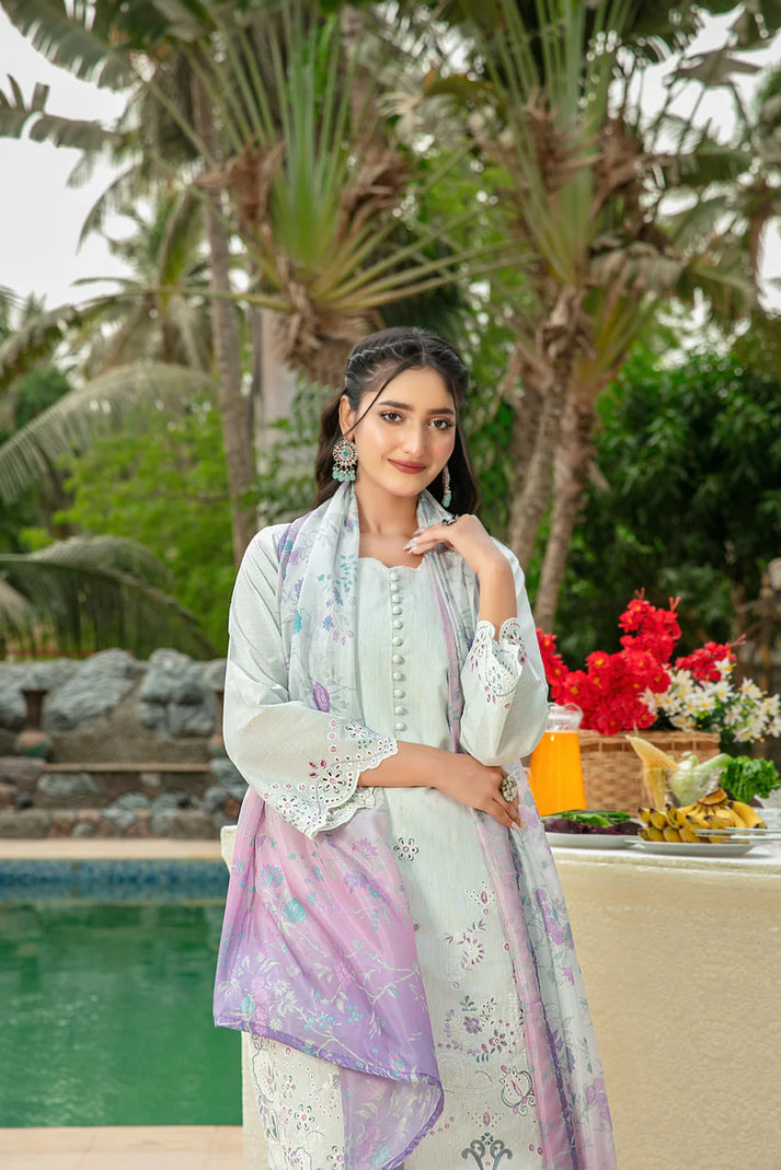 stitched Embroidered Cotton Khaddi Shirt  Silk Dupatta & Plain Staple Shalwar