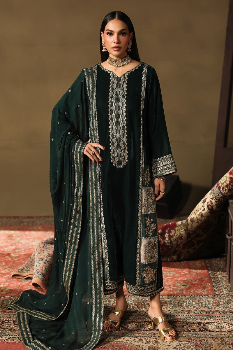 Bottle Green: Velvet Kurta Set with Gold Bordered Chiffon Dupatta | Ready To Wear