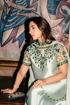 Mint Ice Metallic & Jewel Emerald: Embroidered Silk Suit | Ready To Wear