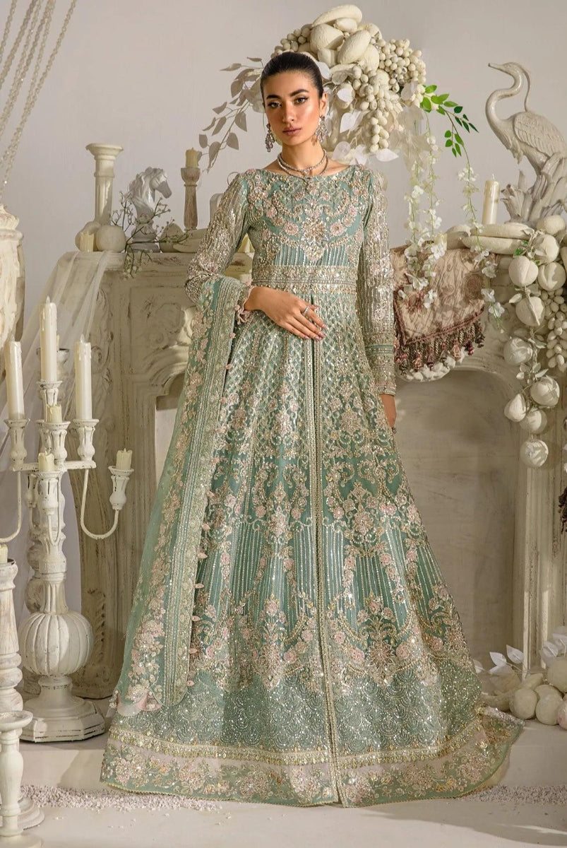 Mint Green & Silver Sequin Net Bridal Maxi With Heavily Embroidery | Ready To Wear