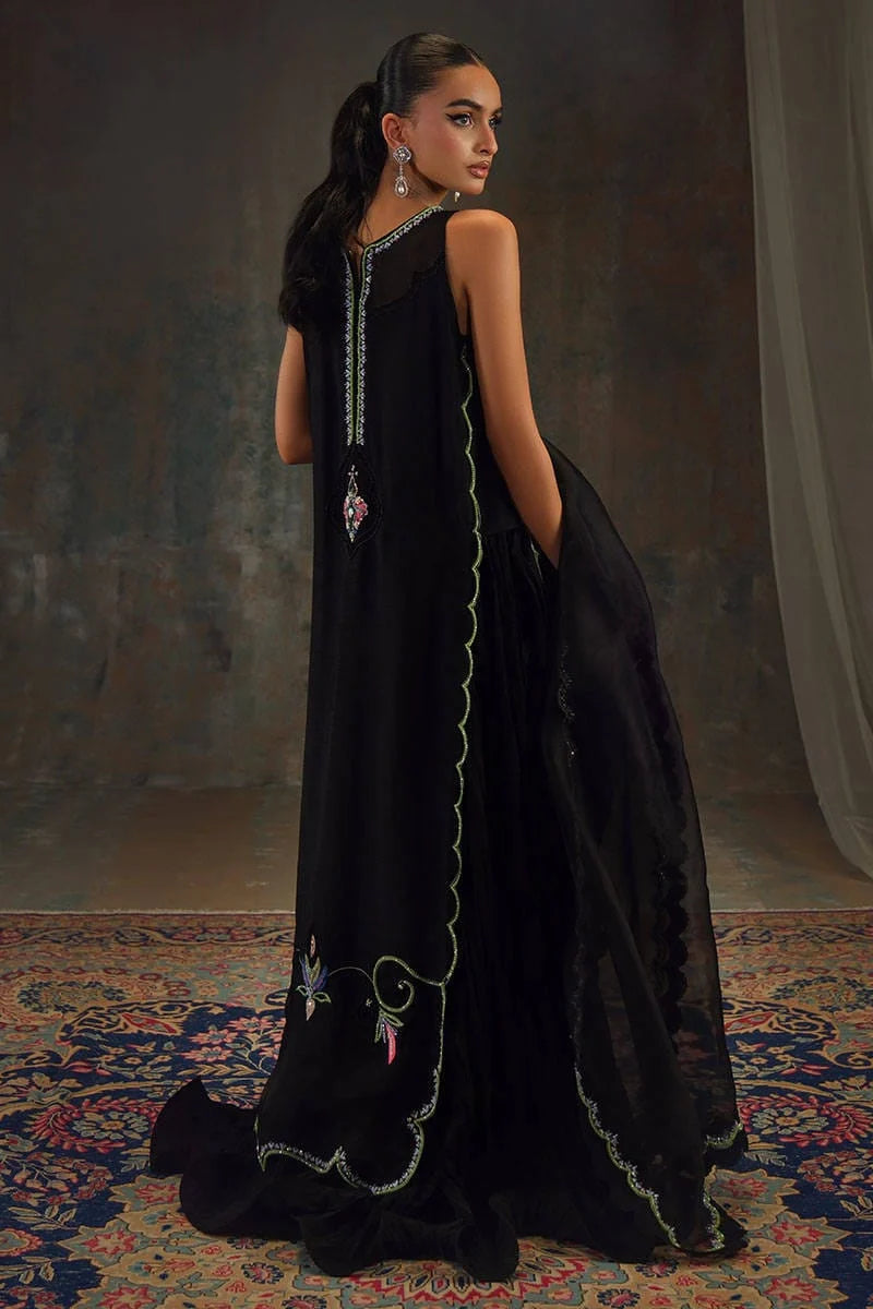Jet Black & Multicolored Floral Embroidered Silk Suit With Organza Dupatta | Ready To Wear
