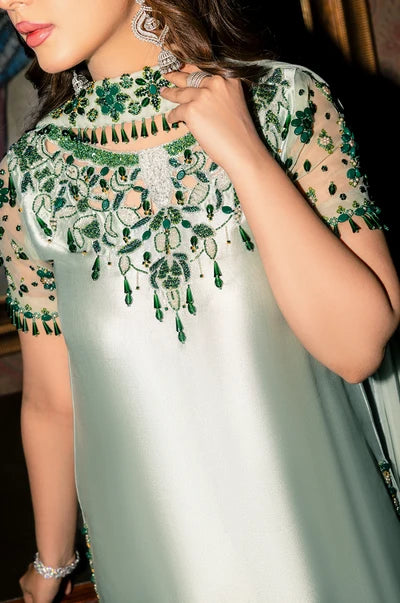 Mint Ice Metallic & Jewel Emerald: Embroidered Silk Suit | Ready To Wear