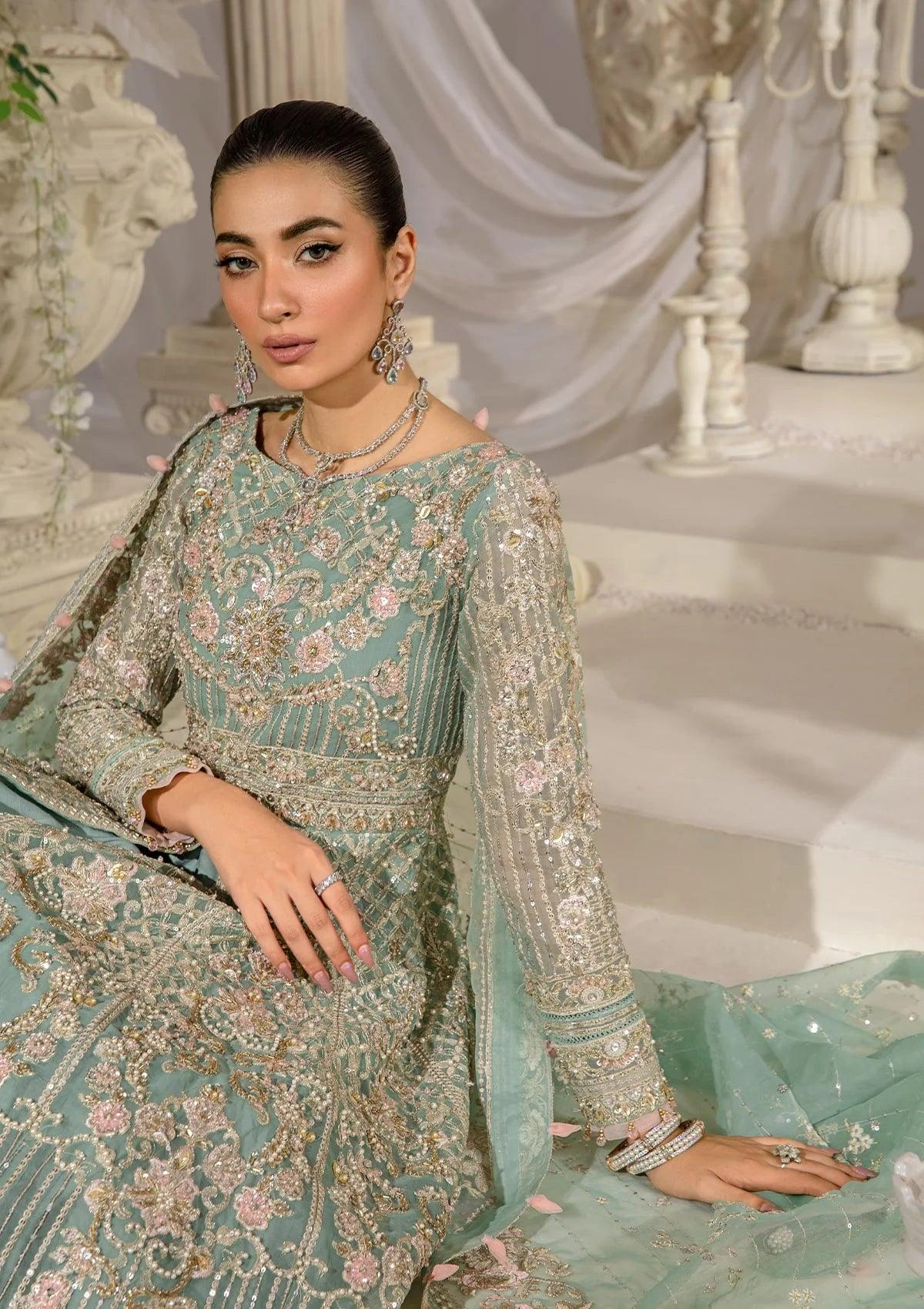 Mint Green & Silver Sequin Net Bridal Maxi With Heavily Embroidery | Ready To Wear