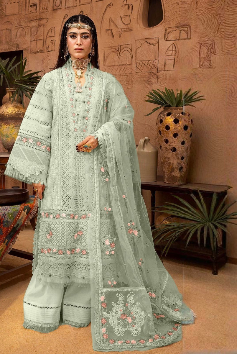03-Piece Embroidered Lawn Suit With Organza Dupatta | Ready To Wear
