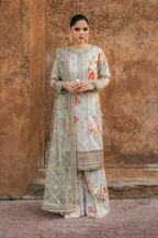 Embroidered Raw Silk 3-Piece Suit with Net Dupatta | Luxury stitched Suit