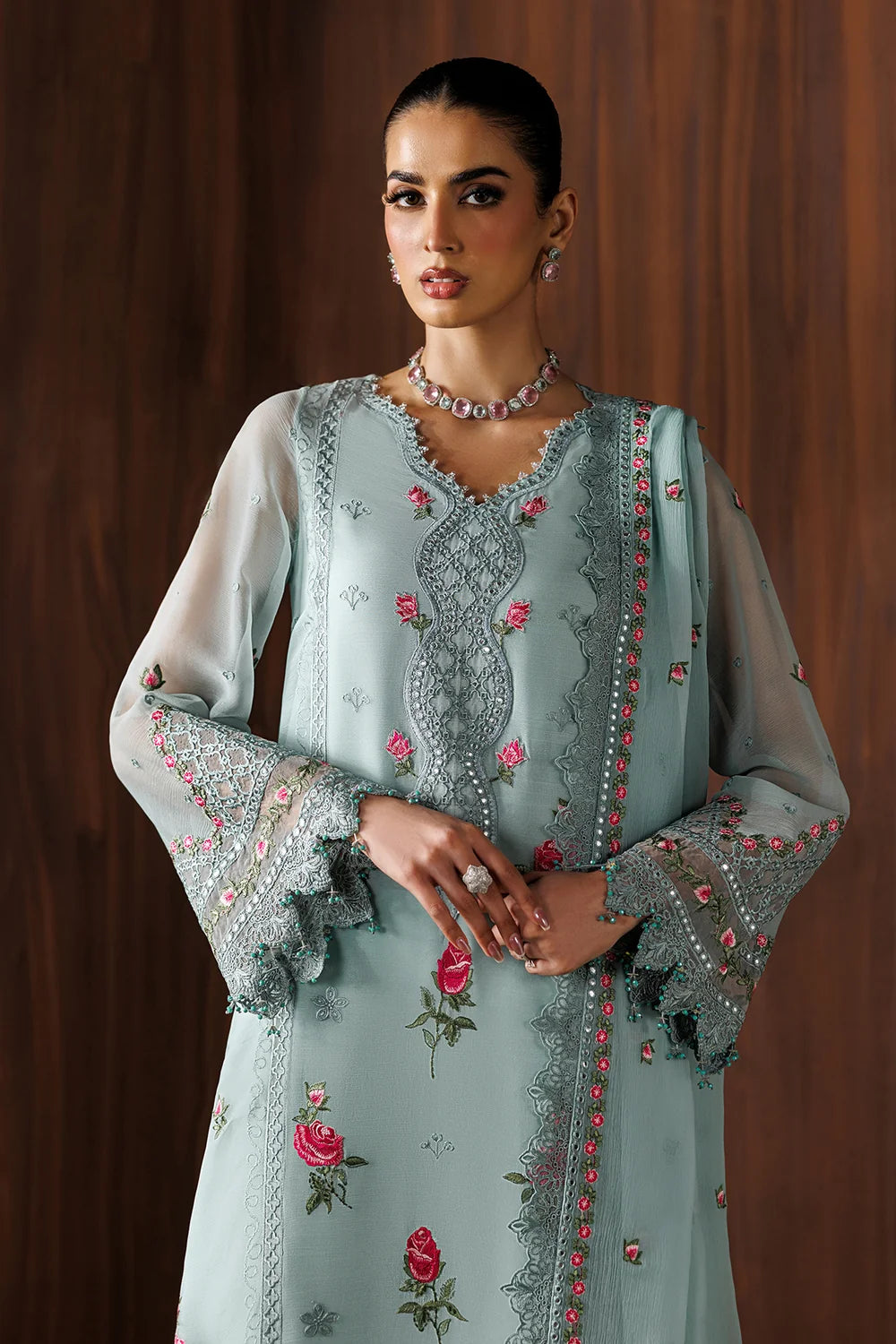 03-Piece Embroidered Chiffon Suit With Malai Trouser | Ready To Wear