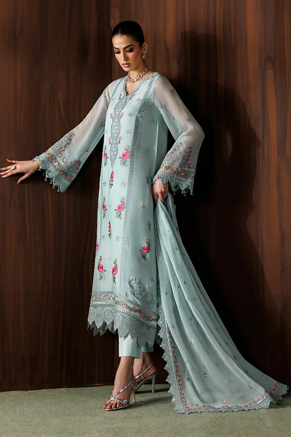 03-Piece Embroidered Chiffon Suit With Malai Trouser | Ready To Wear