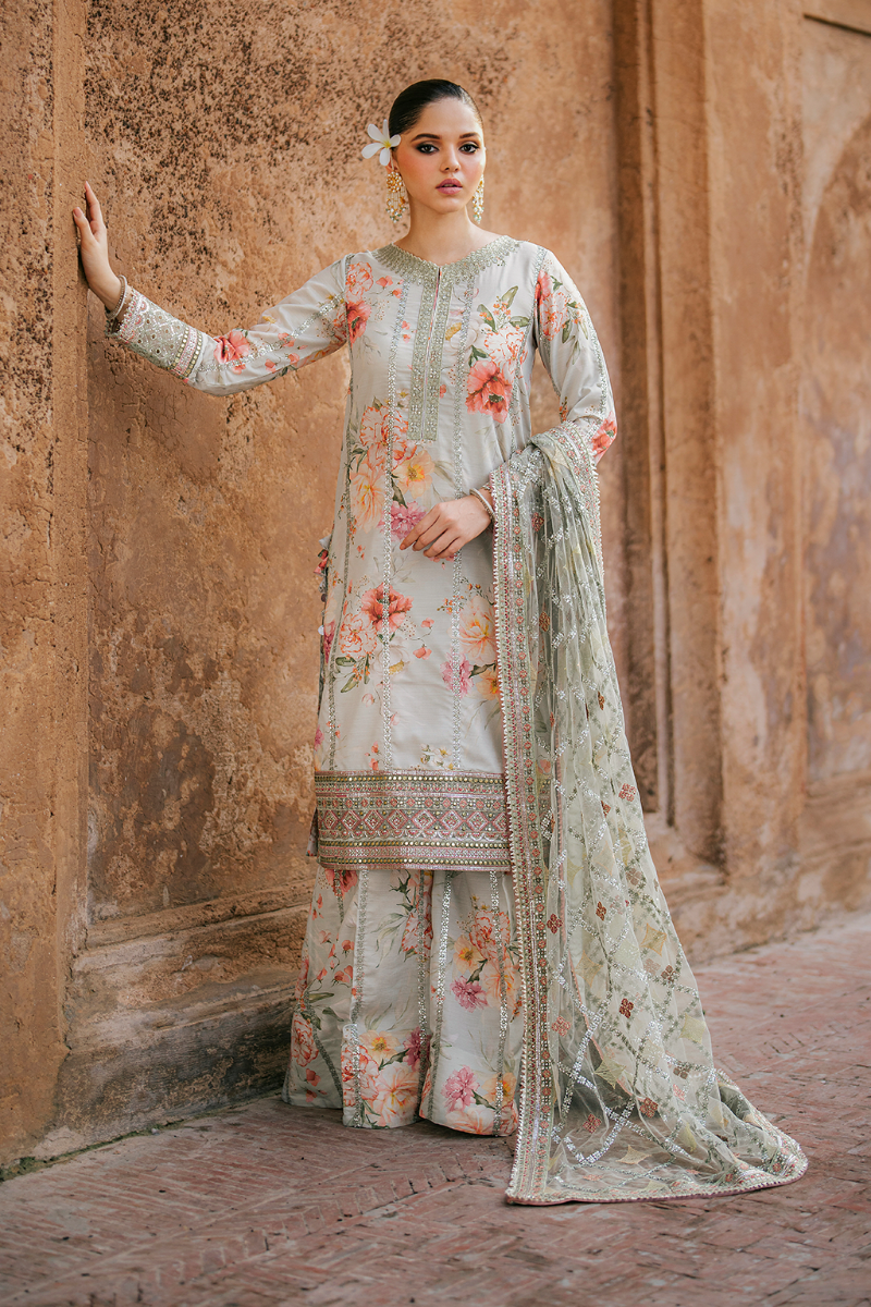 Embroidered Raw Silk 3-Piece Suit with Net Dupatta | Luxury stitched Suit