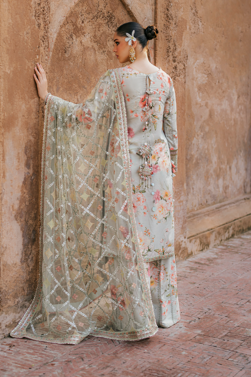 Embroidered Raw Silk 3-Piece Suit with Net Dupatta | Luxury stitched Suit