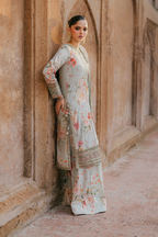 Embroidered Raw Silk 3-Piece Suit with Net Dupatta | Luxury stitched Suit