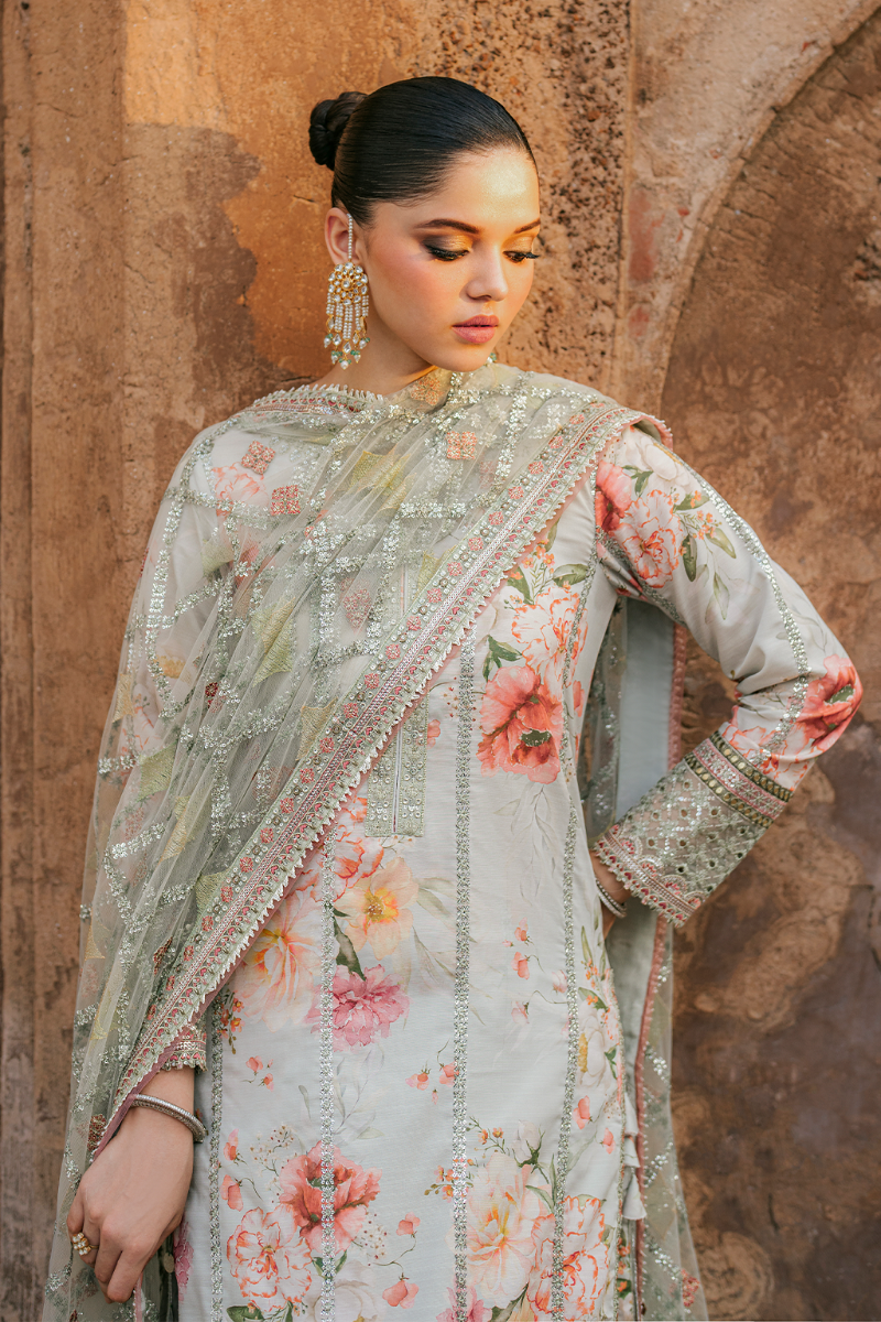 Embroidered Raw Silk 3-Piece Suit with Net Dupatta | Luxury stitched Suit