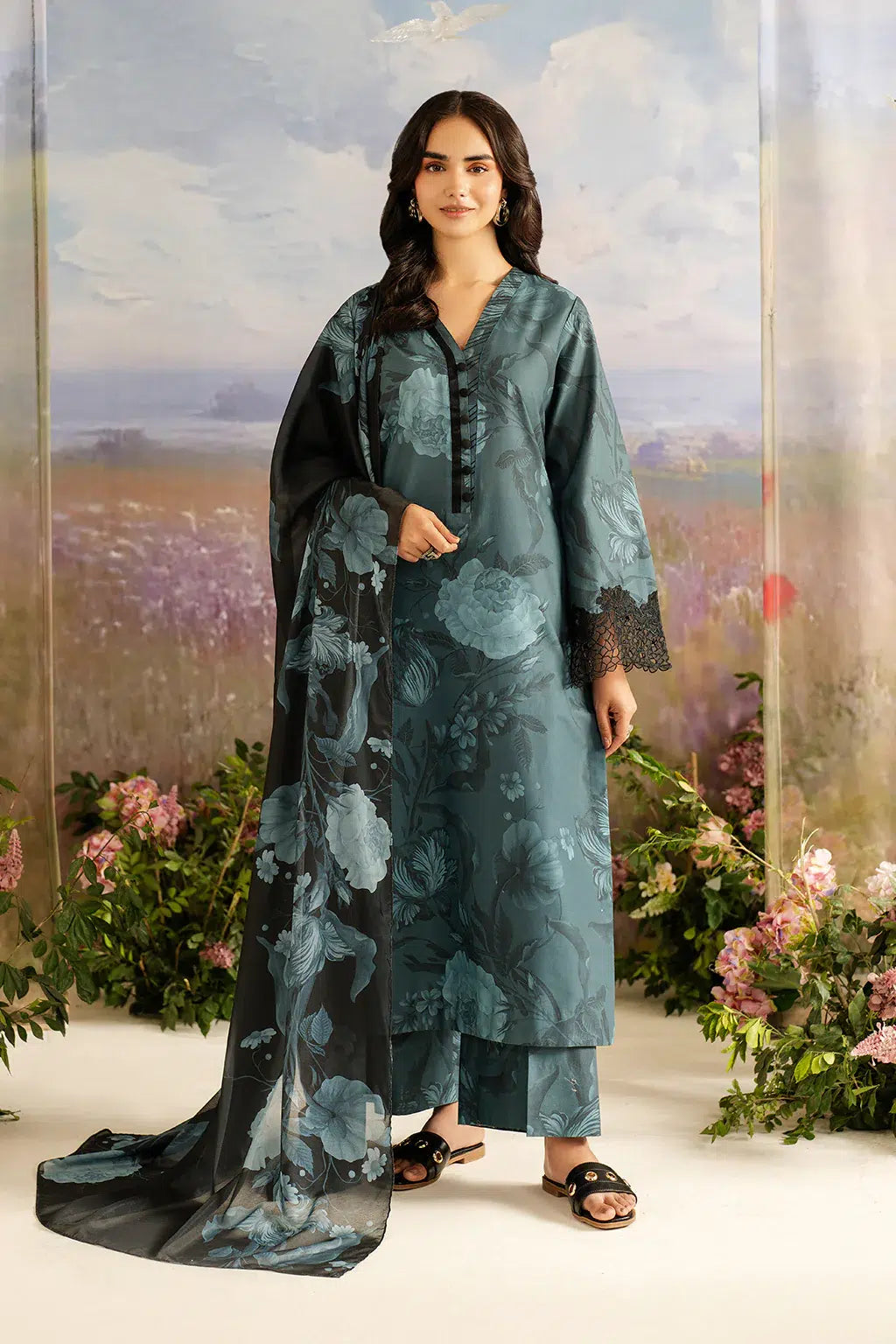 3-Piece Stitched Embroidered Lawn Suit With Chiffon Dupatta