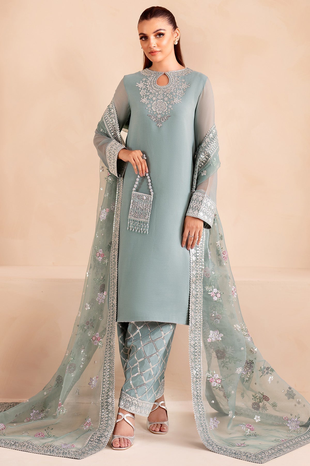 3 Piece Stitched Chiffon & Organza Suit -  Ready  to Wear