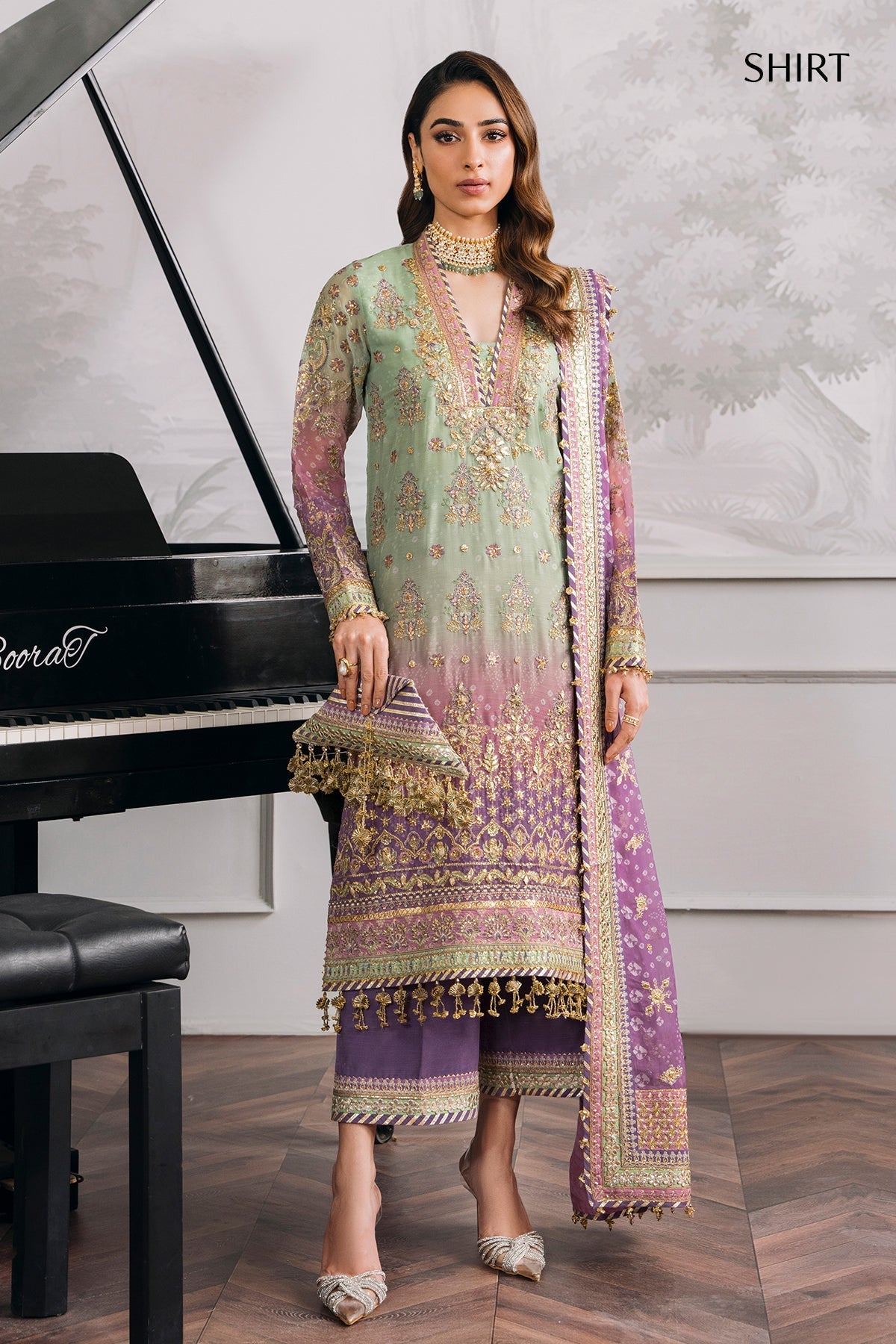 Back on Demand! Baroque stitched Chiffon Suit with Silk Trouser