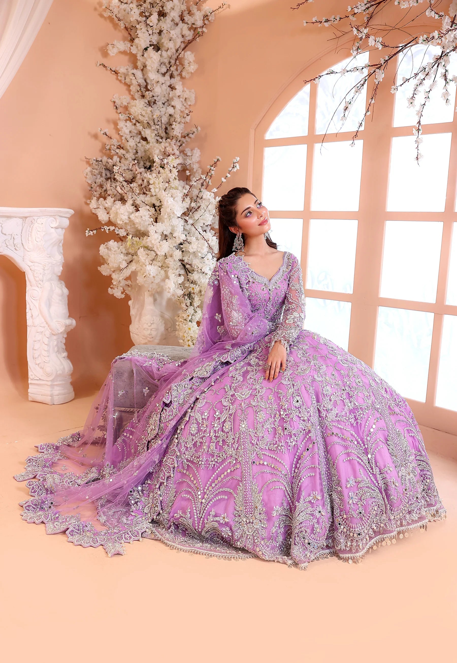 Pastel Lilac & Sparkling Silver: Embroidered Net Bridal Lenge Choli | Ready To Wear