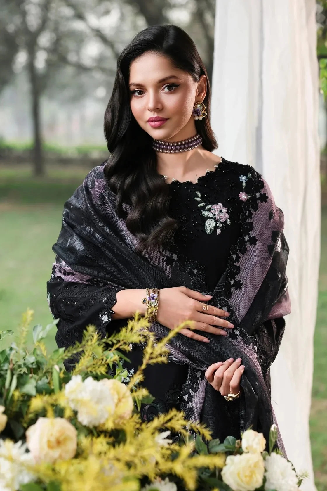 Noir & Soft Violet: Embroidered Lawn Suit With Printed Chiffon Dupatta | Ready To Wear