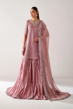 Dusty Rose & Silver Sparkle: Embroidered Chiffon Ghararah SUit | Ready To Wear
