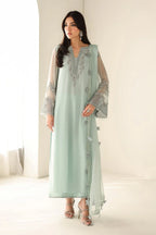 Pastel Mint & Pearl Silver Accent: Embroidered Chiffon Suit | Ready To Wear