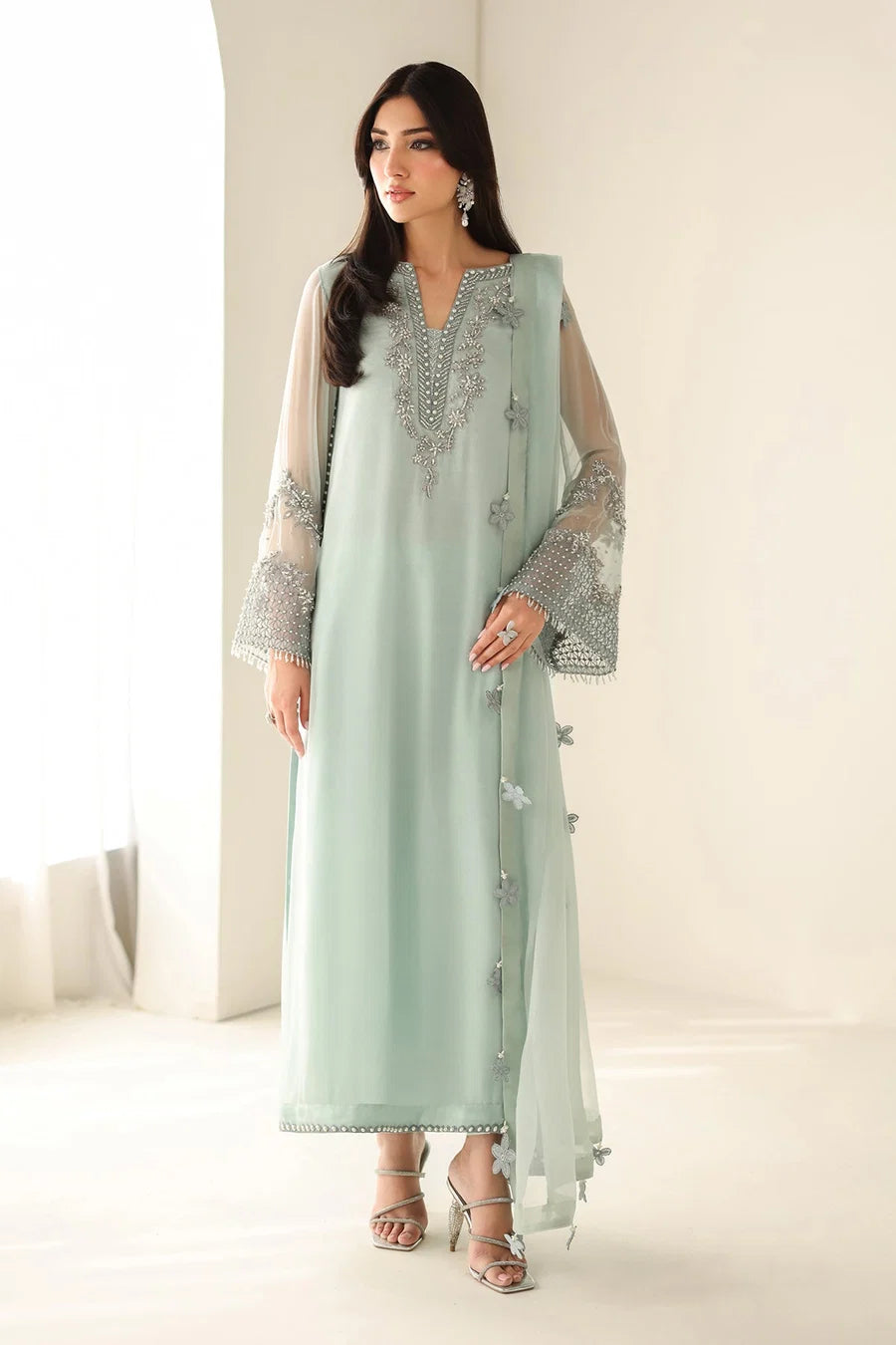 Pastel Mint & Pearl Silver Accent: Embroidered Chiffon Suit | Ready To Wear