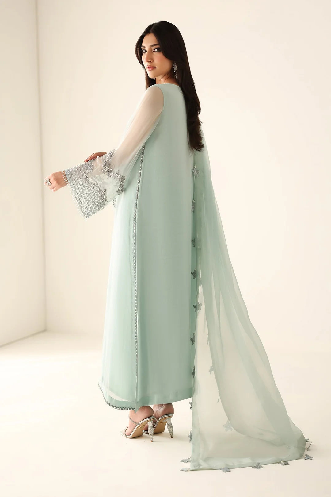 Pastel Mint & Pearl Silver Accent: Embroidered Chiffon Suit | Ready To Wear