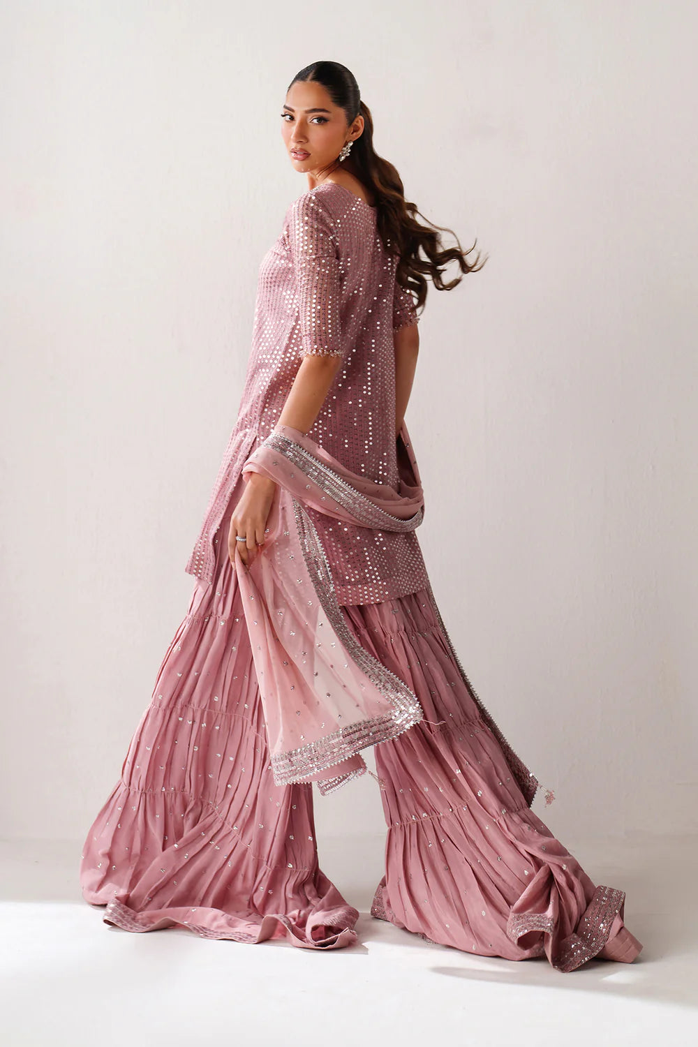 Dusty Rose & Silver Sparkle: Embroidered Chiffon Ghararah SUit | Ready To Wear