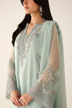 Pastel Mint & Pearl Silver Accent: Embroidered Chiffon Suit | Ready To Wear